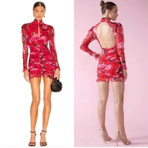Sau Lee Silk Scarlett Kimono Rose Dress 4 Cocktail Party Ruched Low Back
